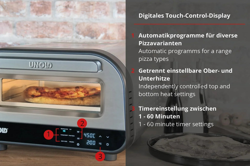 Horno de pizza eléctrico LUIGI 68816 1700 W hasta 450 °C con piedra para pizza de cordierita de 32 cm y control táctil