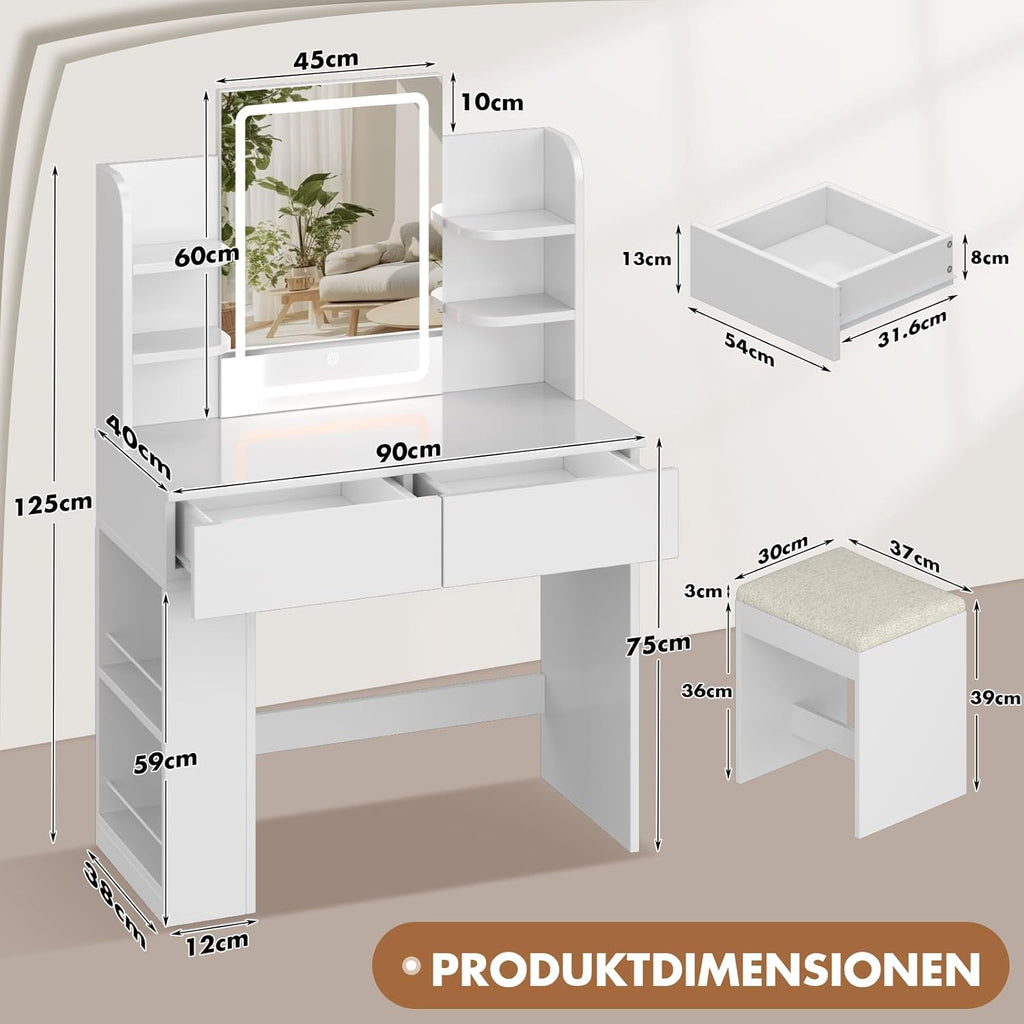 Tocador Devoko con espejo, mesa de maquillaje con espejo LED de brillo ajustable, tocador con taburete, 2 cajones, 4 estantes, moderno, 90 x 40 cm, blanco