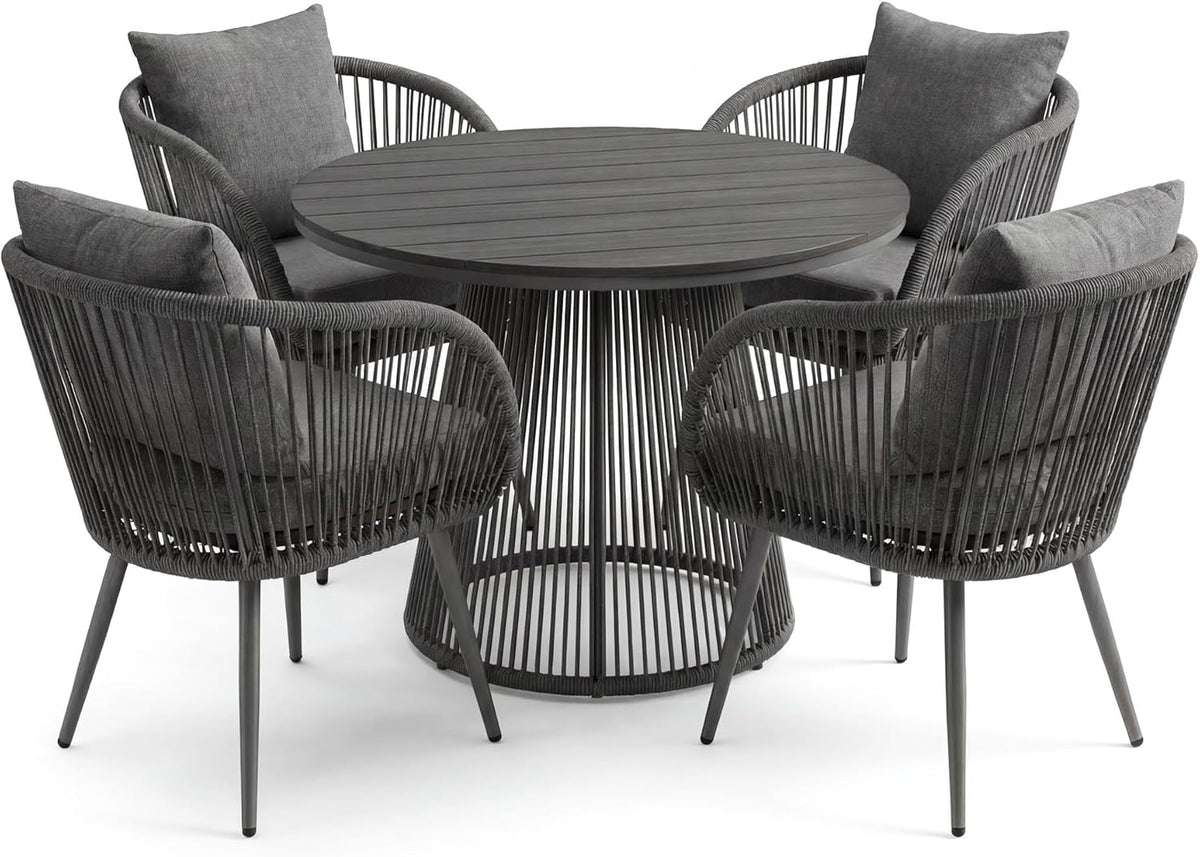 Set de muebles de jardín di volio MAZARO – Grupo de comedor para exterior con mesa redonda y 4 sillas, conjunto de jardín resistente a la intemperie (Gris)