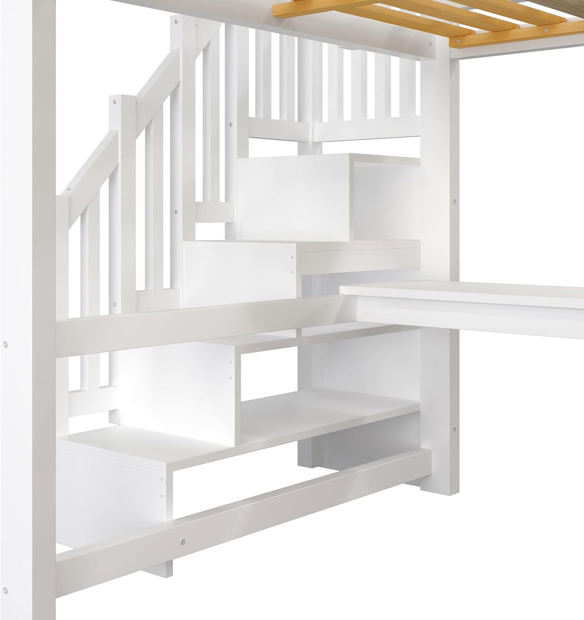 Cama alta de 140x200 con escritorio y estantería, armario, escalera con almacenaje, USB y luces LED, blanco