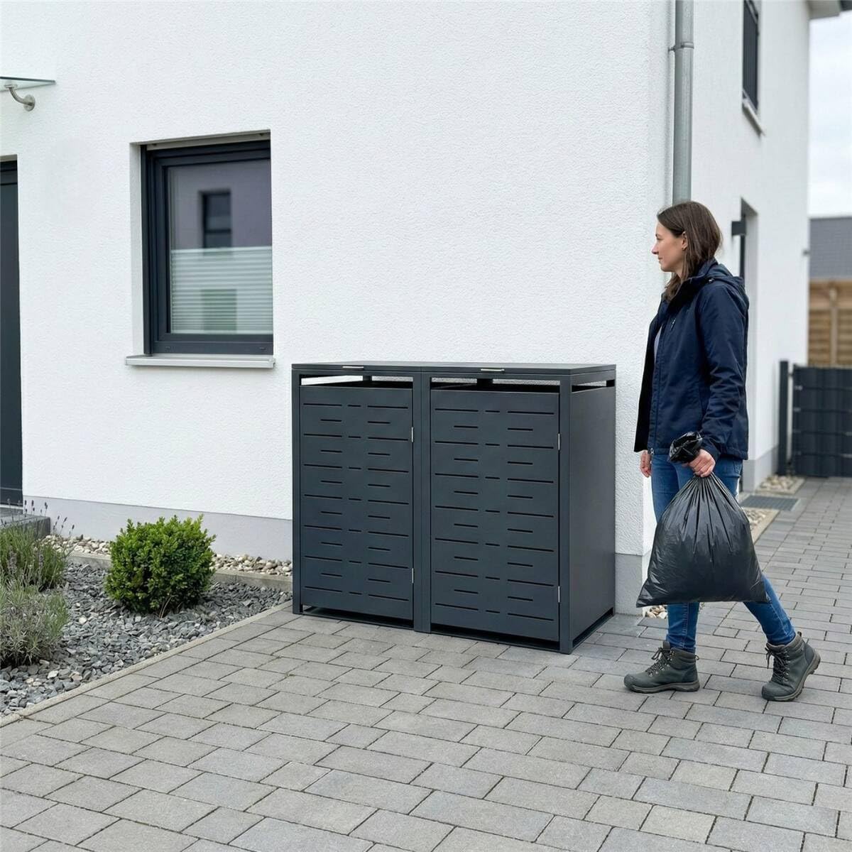 Cobertizo para 2 cubos de basura Metzler de 240 l, color antracita con diseño de líneas horizontales, revestimiento metálico para 2 cubos, bloqueable, dos cobertizos con recubrimiento en polvo y tapa automática | Nexus