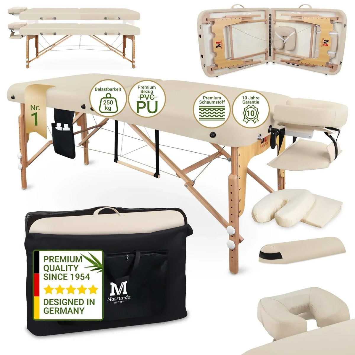 MA-CF-001 Camilla de masaje plegable y ajustable en altura 71 cm madera capacidad de carga 250 kg