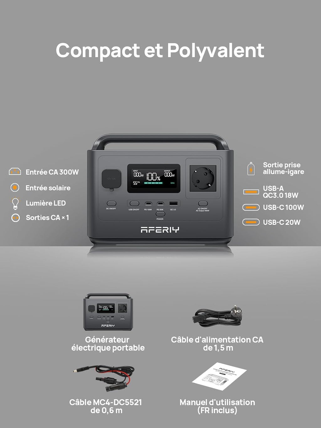 Generador Eléctrico Portátil AFERIY 400W, Estación de Energía Móvil 256Wh, Batería LFP Portátil, Salidas Variadas, Enchufe UE 220-240V, SAI, Generador Eléctrico Solar Para Su Vida Sin Interrupciones