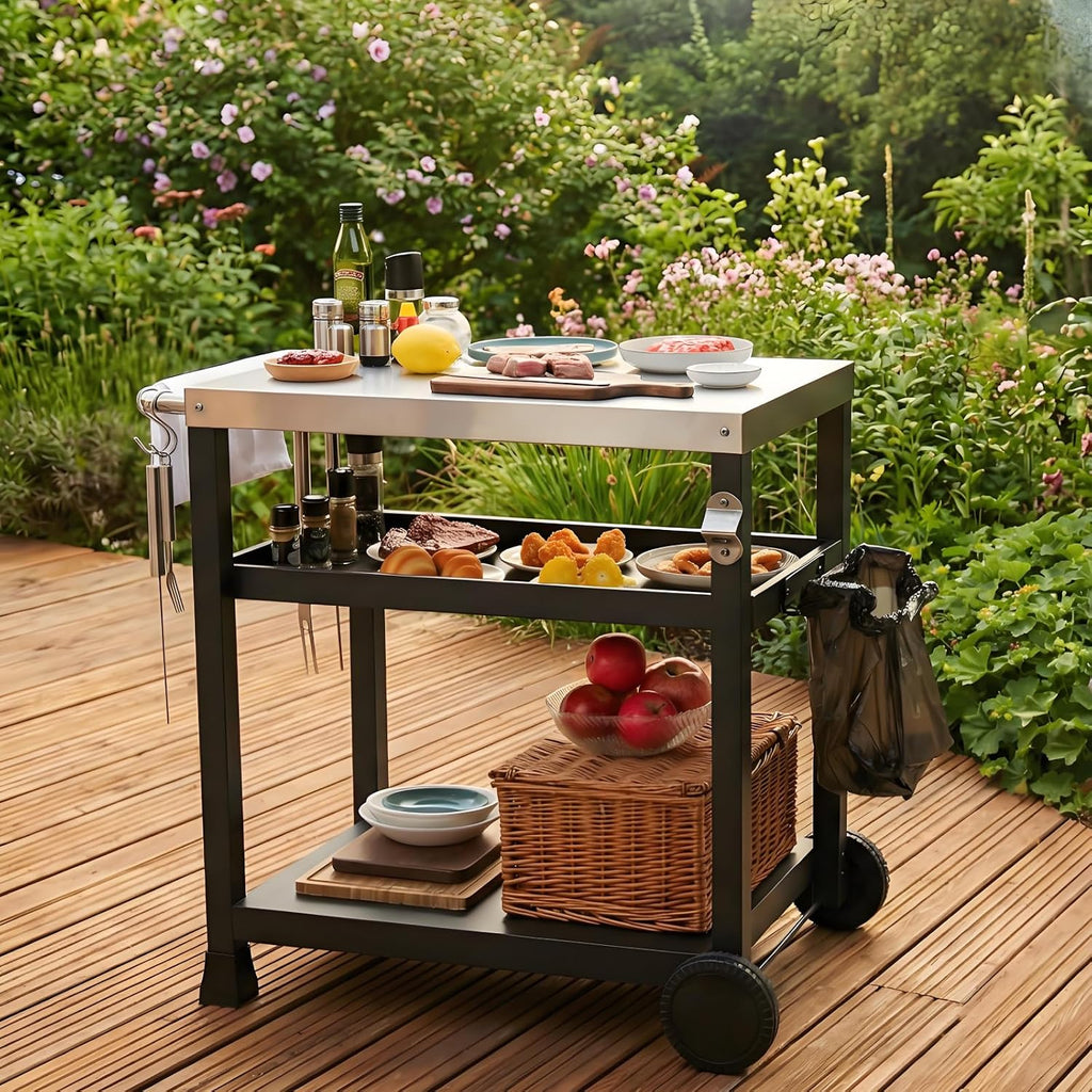 LIFERUN Edelstahl Grillwagen 3 Etagen, Grilltisch Outdoor mit Edelstahl Tischplatte, Grill Beistelltisch Servierwagen, Garten Trolley Küchenwagen mit Rollen Haken, BBQ Beistellwagen Außenbereich