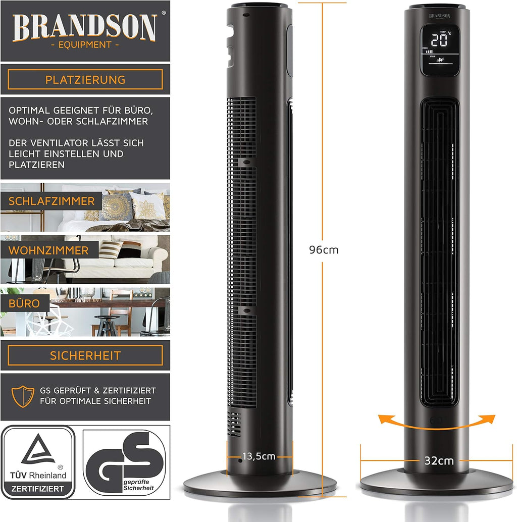 Brandson - Ventilador de torre con mando a distancia - Galardonado 2026 - Oscilación 60° - Ventilador de pie - ventilador portátil - ventilador de columna - 96 cm - Ventilador 3 niveles de velocidad - GS - Grafito