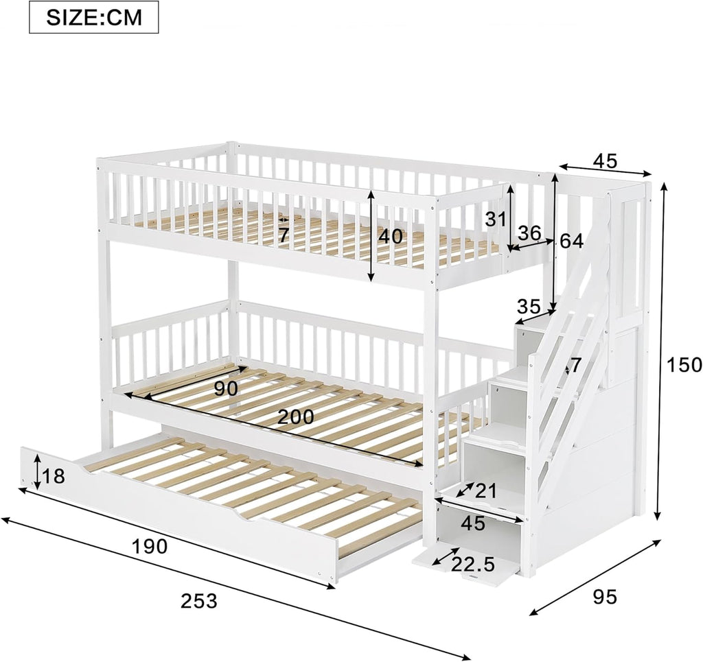 Cama litera infantil Rtopsu 90x200 cm con cama extraíble, cama alta con escalera y estantería de almacenamiento, cama casita con somier de madera y protección anticaída para 2-3 niños, blanco, sin colchón