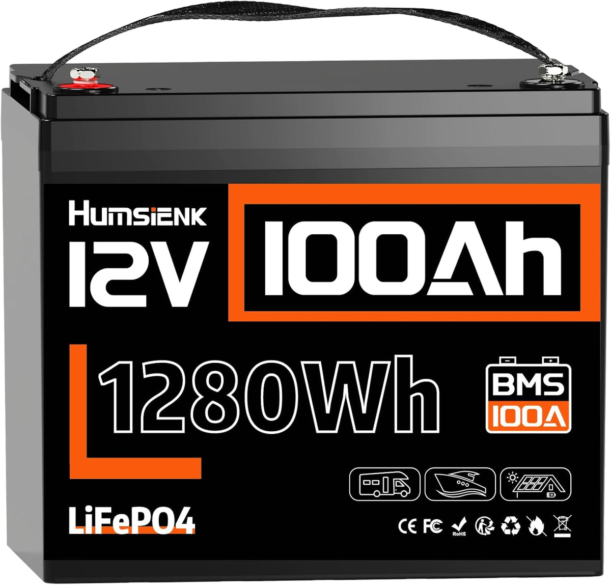 Batería de litio LiFePO4 HumsiENK 12V 100Ah, 1280Wh con BMS inteligente de 100A, 15000 ciclos profundos, 10 años de vida útil, para autocaravanas, energía solar, sistemas aislados y motores.
