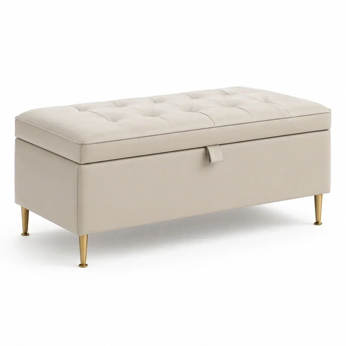 Banco de piel sintética con almacenamiento y patas de metal, beige