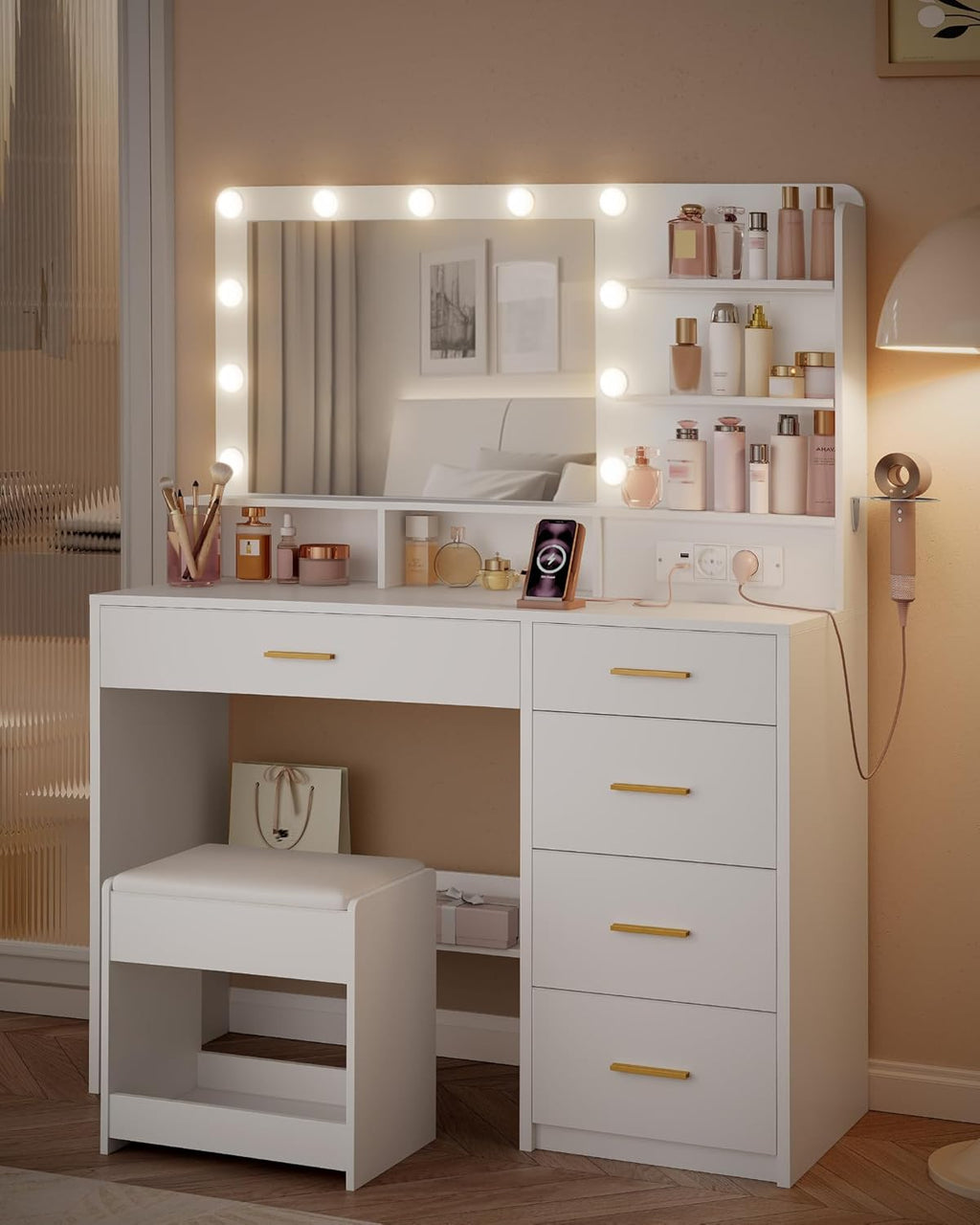 Tocador Hzuaneri con 10 luces LED, taburete, mesa de maquillaje con espejo grande, tocador con enchufe, soporte para secador de pelo y varios cajones, blanco DT42903XEU