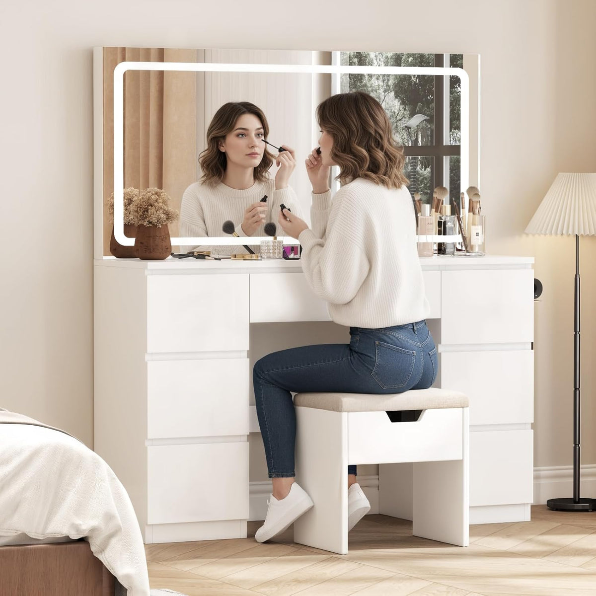 Tocador grande con espejo e iluminación LED de 115 cm, temperatura de color ajustable, tocador de 7 cajones con enchufe, mesa de maquillaje con taburete, 115x40x139 cm, blanco