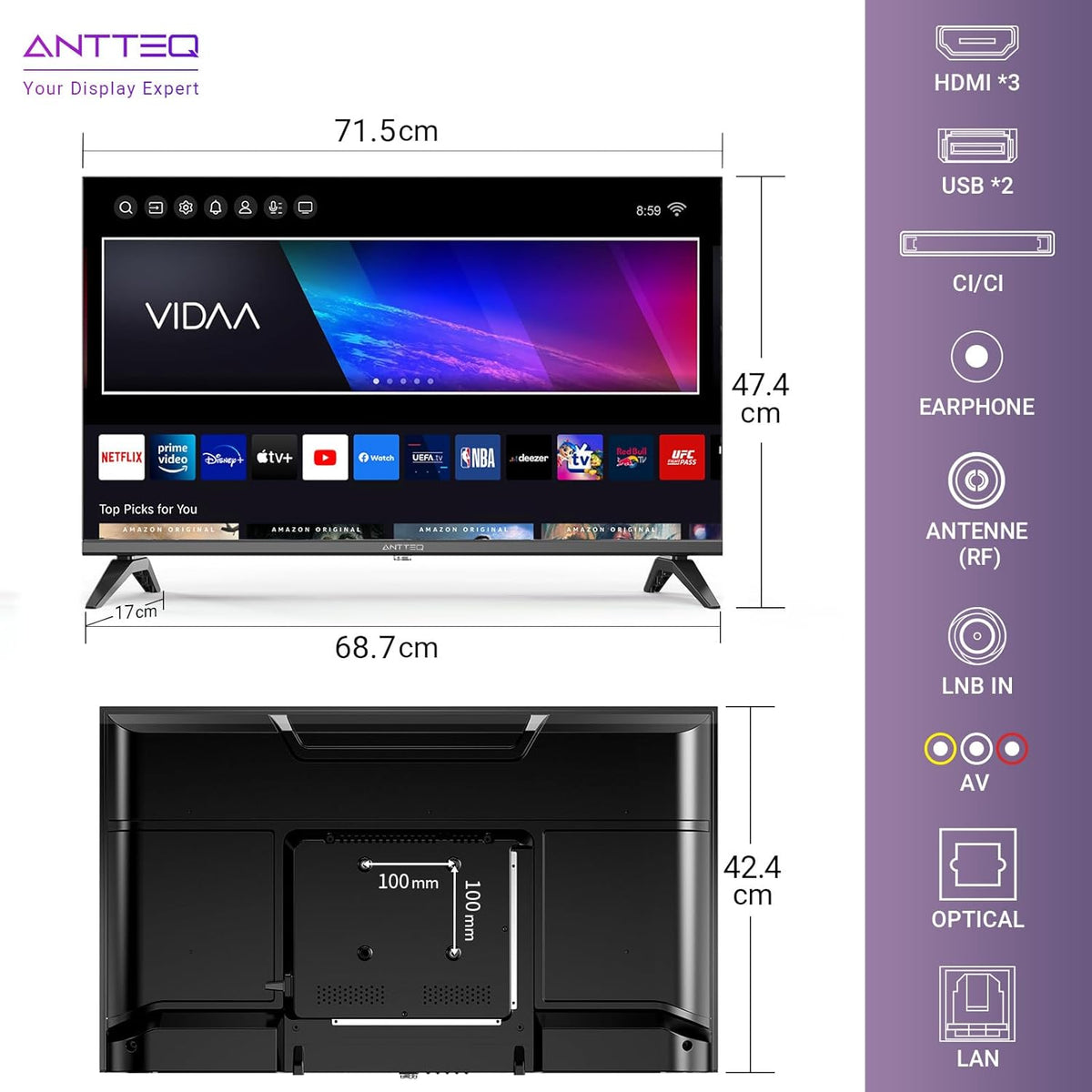 Smart TV Antteq Serie Vita de 32 pulgadas (80 cm) Full HD, televisión con Netflix, Prime Video/Disney+/YouTube/Rakuten/WiFi, compartir a la TV, HDMI