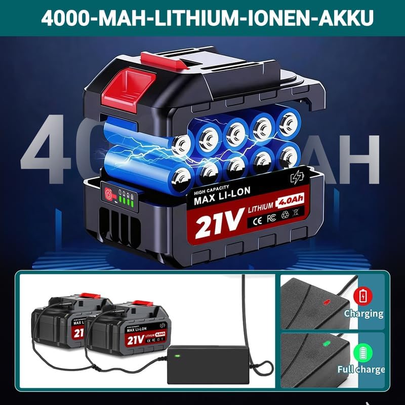 Cortacésped inalámbrico de 21V, cortacésped inalámbrico 4 en 1 compatible con baterías Makita, cortacésped con cepillo para malas hierbas, desbrozadora y motoguadaña incl. cabezal de hilo TAP-N'-GO, 2 baterías de 4.0Ah, motor sin escobillas de 750W
