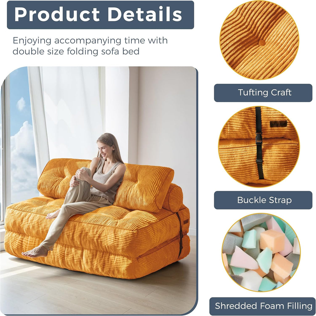 MAXYOYO Sofá cama plegable, sillón convertible con cojín, colchón con soporte para la espalda, silla cama portátil, sofá de suelo cómodo para salón o dormitorio, naranja, doble