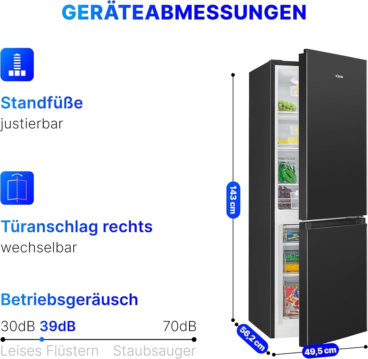 Refrigerador con congelador Bomann® de 143 cm de altura | Frigorífico combi de 175 L con 3 estantes y 3 cajones | Sentido de apertura de puerta reversible | Frigorífico combi silencioso de 39 dB | Frigorífico KG 322.1 aspecto inox