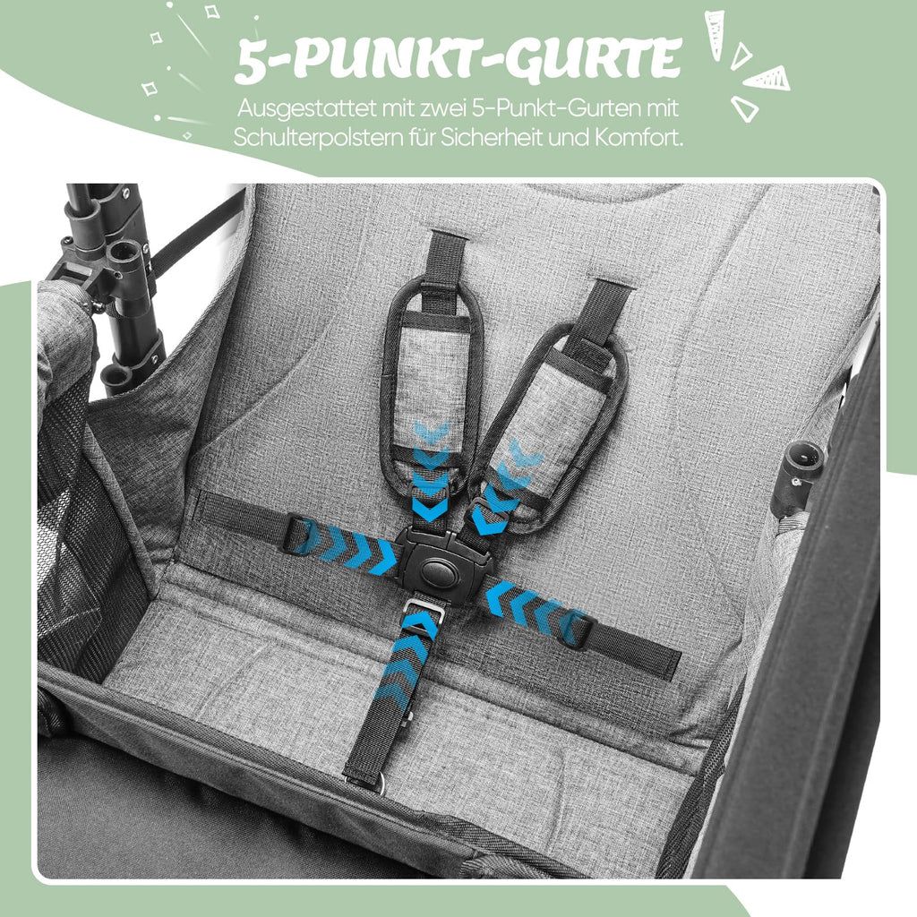 Carrito plegable RO-02 para 2 niños con techo, arnés de 5 puntos, ruedas de poliuretano, bandeja para aperitivos y estructura de aluminio, gris