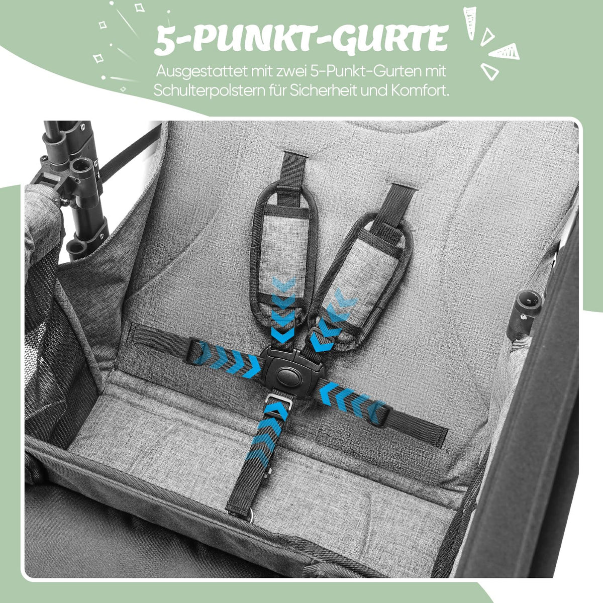 Carrito plegable RO-02 para 2 niños con techo, arnés de 5 puntos, ruedas de poliuretano, bandeja para aperitivos y estructura de aluminio, gris