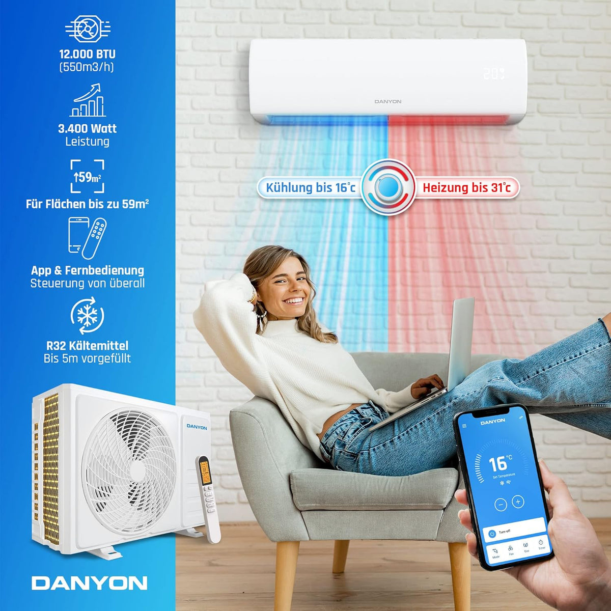 Aire acondicionado Danyon Split - 12000 BTU - 3,4 kW, autolimpieza, silencioso, hogar inteligente, aire acondicionado inverter con función de calefacción, unidad split precargada con refrigerante R32, temporizador, hasta 59 m², kit completo de 5 m