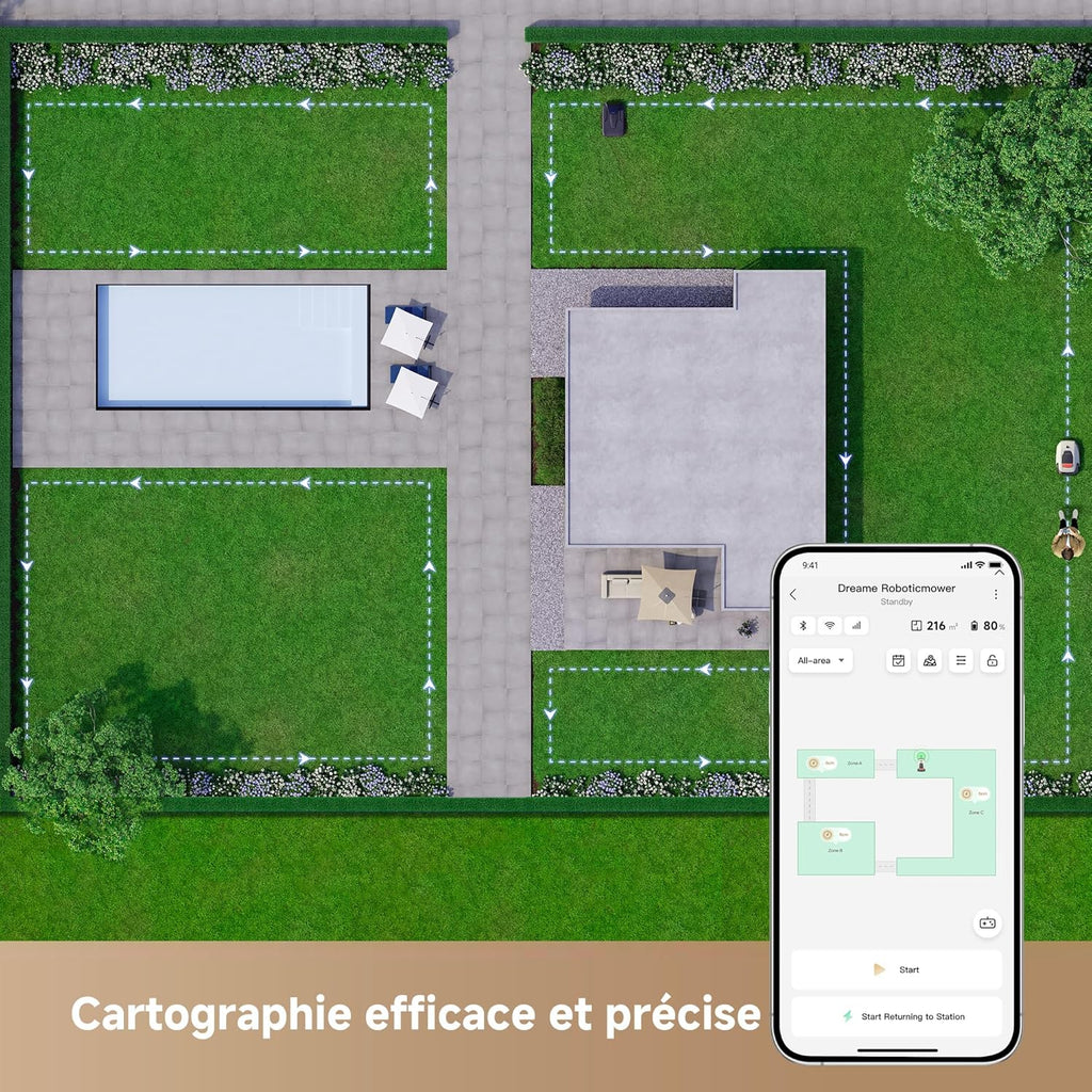 Robot cortacésped inalámbrico DREAME A1 Pro, LiDAR 3D de 360°, recomendado para 2000 m², control por aplicación, gestión intuitiva de zonas, evitación inteligente de obstáculos