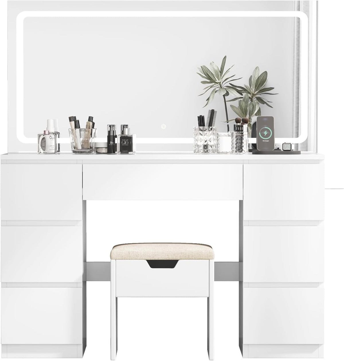 Tocador grande con espejo e iluminación LED de 115 cm, temperatura de color ajustable, tocador de 7 cajones con enchufe, mesa de maquillaje con taburete, 115x40x139 cm, blanco