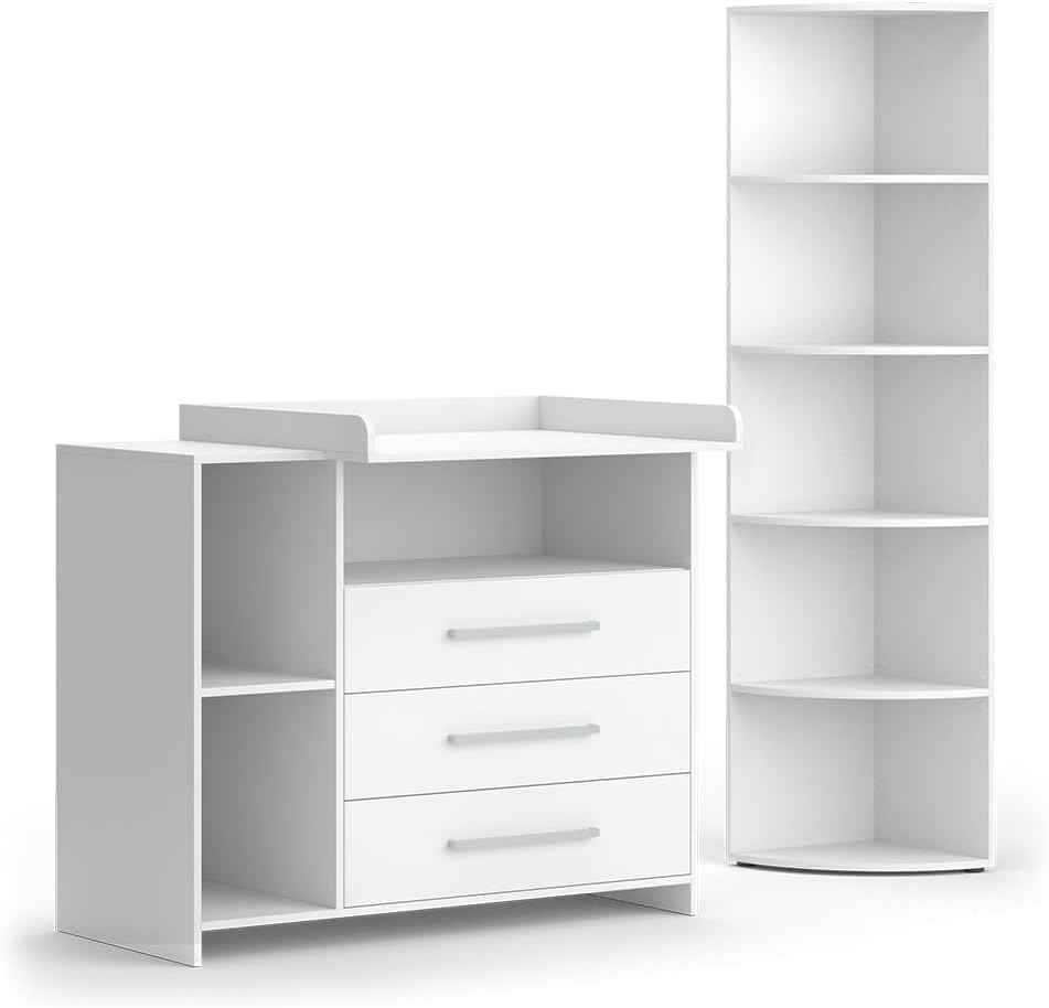 Juego de habitación infantil Vicco Oskar, blanco, 2 piezas, con cambiador y estante para juguetes, convertible en cómoda normal tras retirar el cambiador
