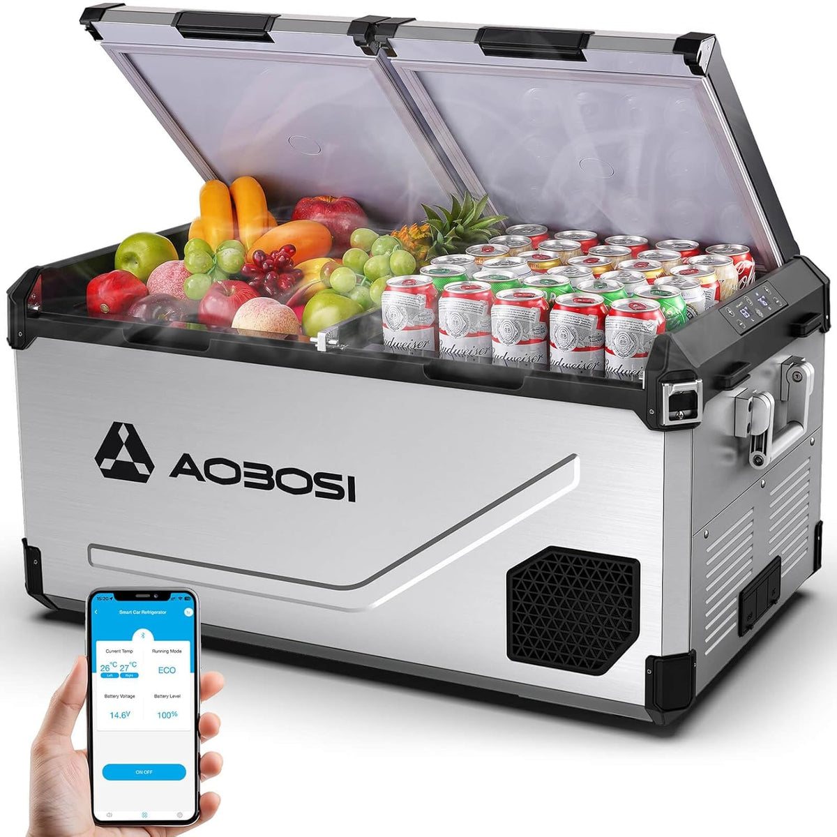 AAOBOSI Nevera de compresor de 95 L, zona dual de hasta -20 ℃, carcasa de acero inoxidable e interior de aluminio, 12/24 V CC y 230 V CA, nevera de compresor para coche, barco, camping y todoterreno