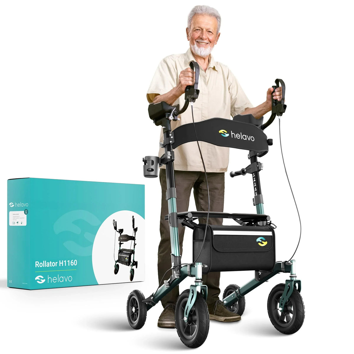 Andador con soporte para antebrazos H1160 para artritis, con asiento y respaldo, aluminio, ruedas macizas de 10 pulgadas, altura regulable, hasta 136 kg, plegable