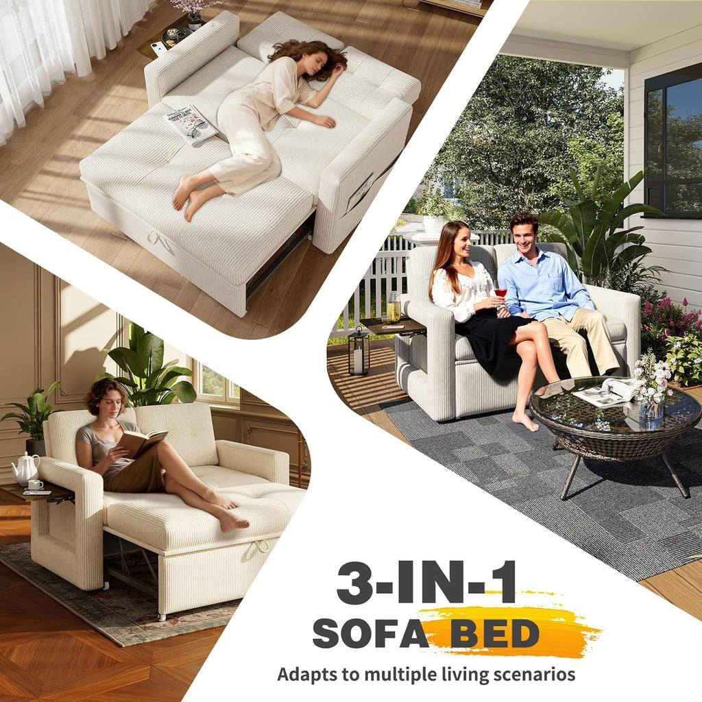 YOUDENOVA Sofá Cama 3 en 1, Sillón Cama multifuncional, Sofá reclinable con respaldo ajustable en 5 posiciones, Sofá cama para 2 personas con mesa y bolsillos laterales, Pana beige