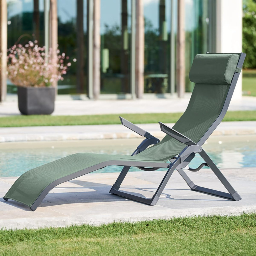 Hespéride - Tumbona plegable Décima - Verde oliva y grafito - Aluminio resistente a la corrosión, 2 posiciones, apilable - Para jardín, piscina, tomar el sol