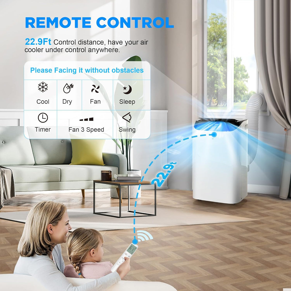 Aire acondicionado portátil de 14000 BTU con mando a distancia, unidad de CA 3 en 1 con ventilador y deshumidificador, enfría habitaciones de hasta 200 m², modo
