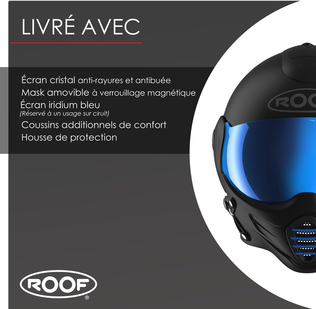 Casco de moto jet de alta gama ROOF Roadster de fibra de vidrio con mentonera magnética extraíble, pantalla iridio incluida – Color Iron negro mate/azul - Venta directa de fábrica - Garantía de 4 años