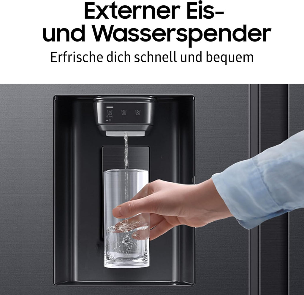 Frigorífico americano Samsung RS90F66BEFEF, frigorífico AI con congelador, 178 cm, 614 l, dispensador de hielo/agua con conexión a la red, Family Hub, AI Energy & Voice Control, acero inoxidable negro