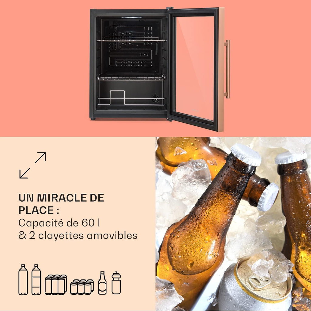 Mininevera KLARSTEIN de 60 L para bebidas y cerveza, frigorífico pequeño y silencioso, minibar interior/exterior, nevera pequeña para camping, almacenamiento de vinos, cosméticos, estantes ajustables, 3-10 °C