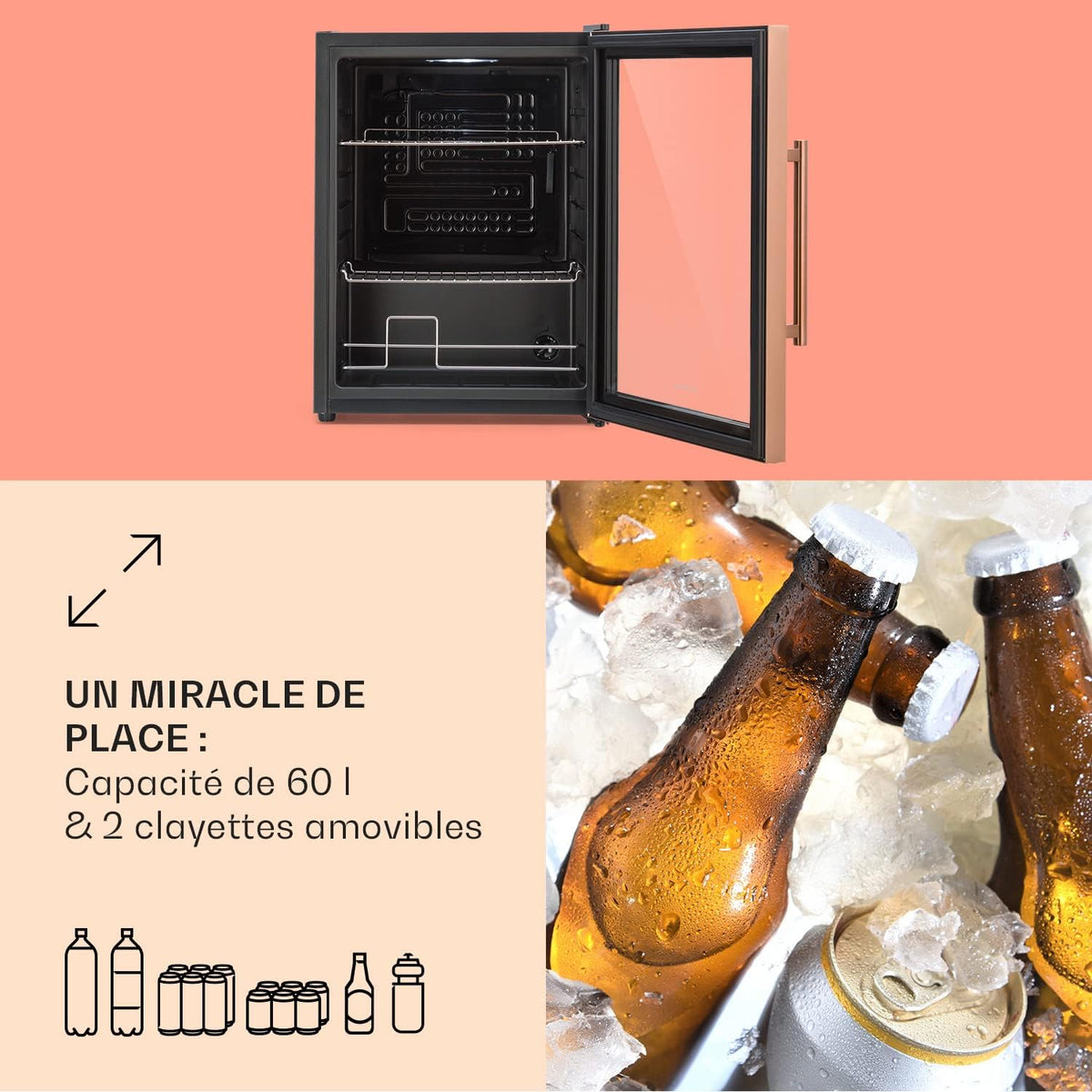 Mininevera KLARSTEIN de 60 L para bebidas y cerveza, frigorífico pequeño y silencioso, minibar interior/exterior, nevera pequeña para camping, almacenamiento de vinos, cosméticos, estantes ajustables, 3-10 °C