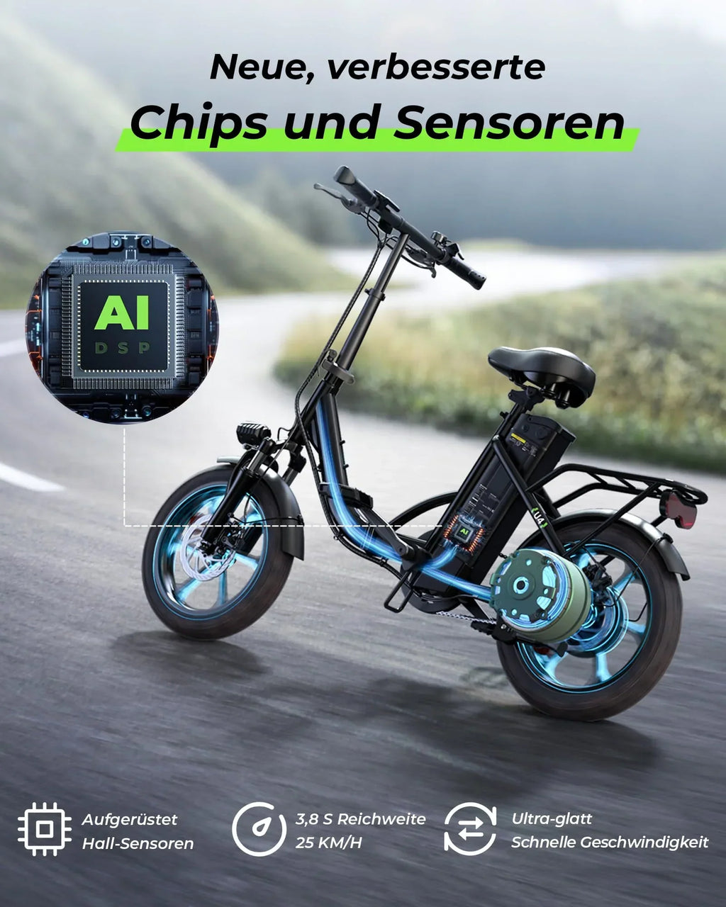 Bicicleta eléctrica plegable U4 de 16 pulgadas en color negro con motor de 250 W, batería de 36 V y 10,4 Ah, 5 velocidades, frenos de disco y portaequipajes