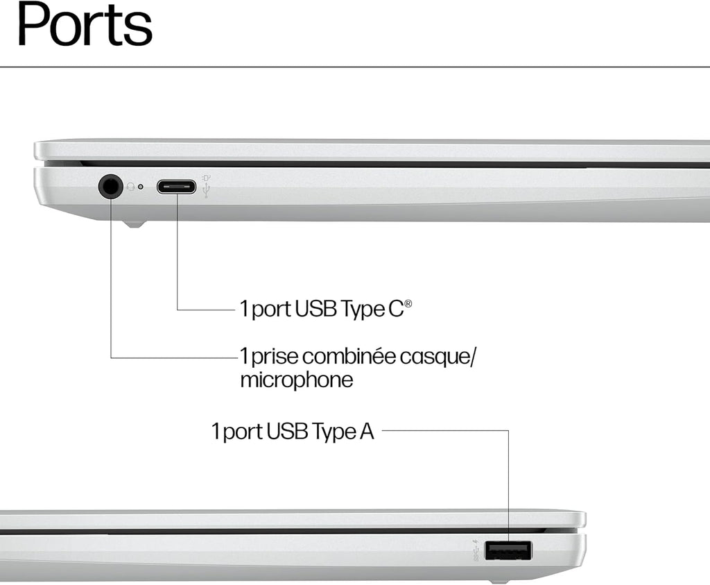 HP Chromebook 14a-nf0001sf Portátil 14" HD, PC Portátil (Intel Celeron N100, RAM 4 GB, Flash 128 GB, Intel Iris XE, Chrome OS), Ordenador Portátil Plata, Teclado AZERTY