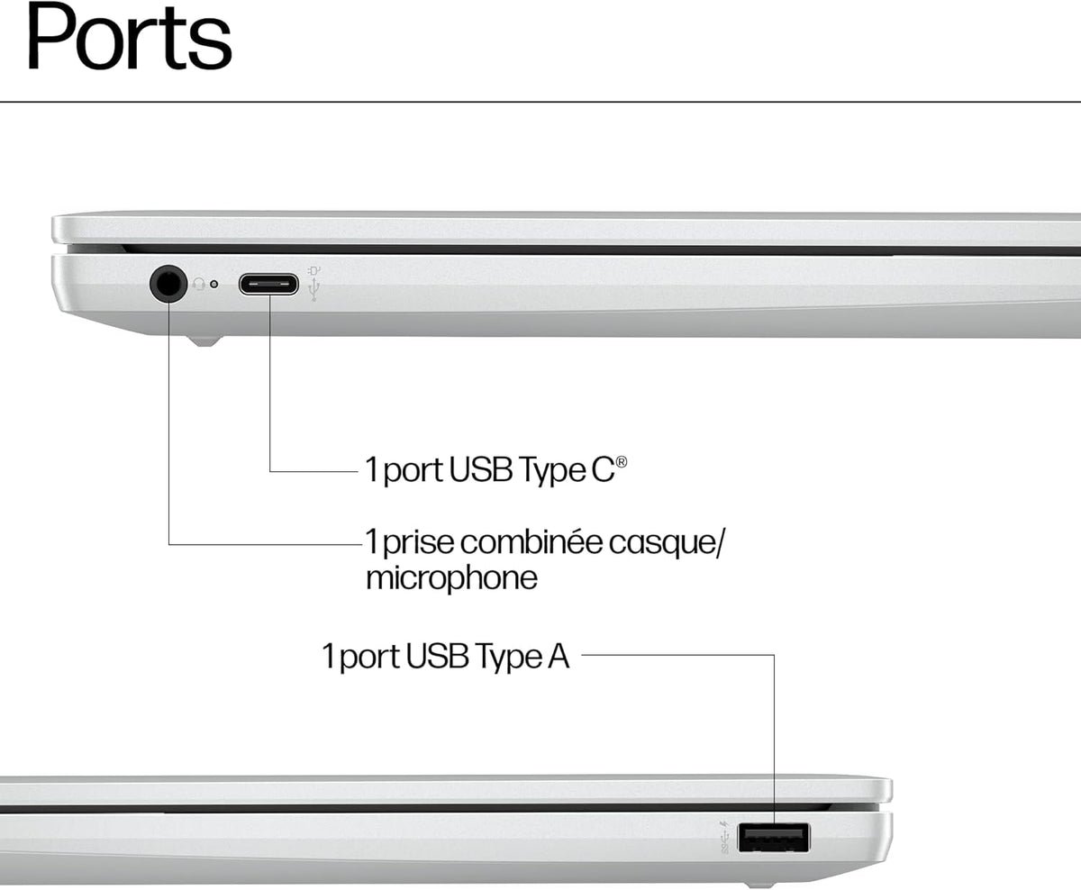 HP Chromebook 14a-nf0001sf Portátil 14" HD, PC Portátil (Intel Celeron N100, RAM 4 GB, Flash 128 GB, Intel Iris XE, Chrome OS), Ordenador Portátil Plata, Teclado AZERTY