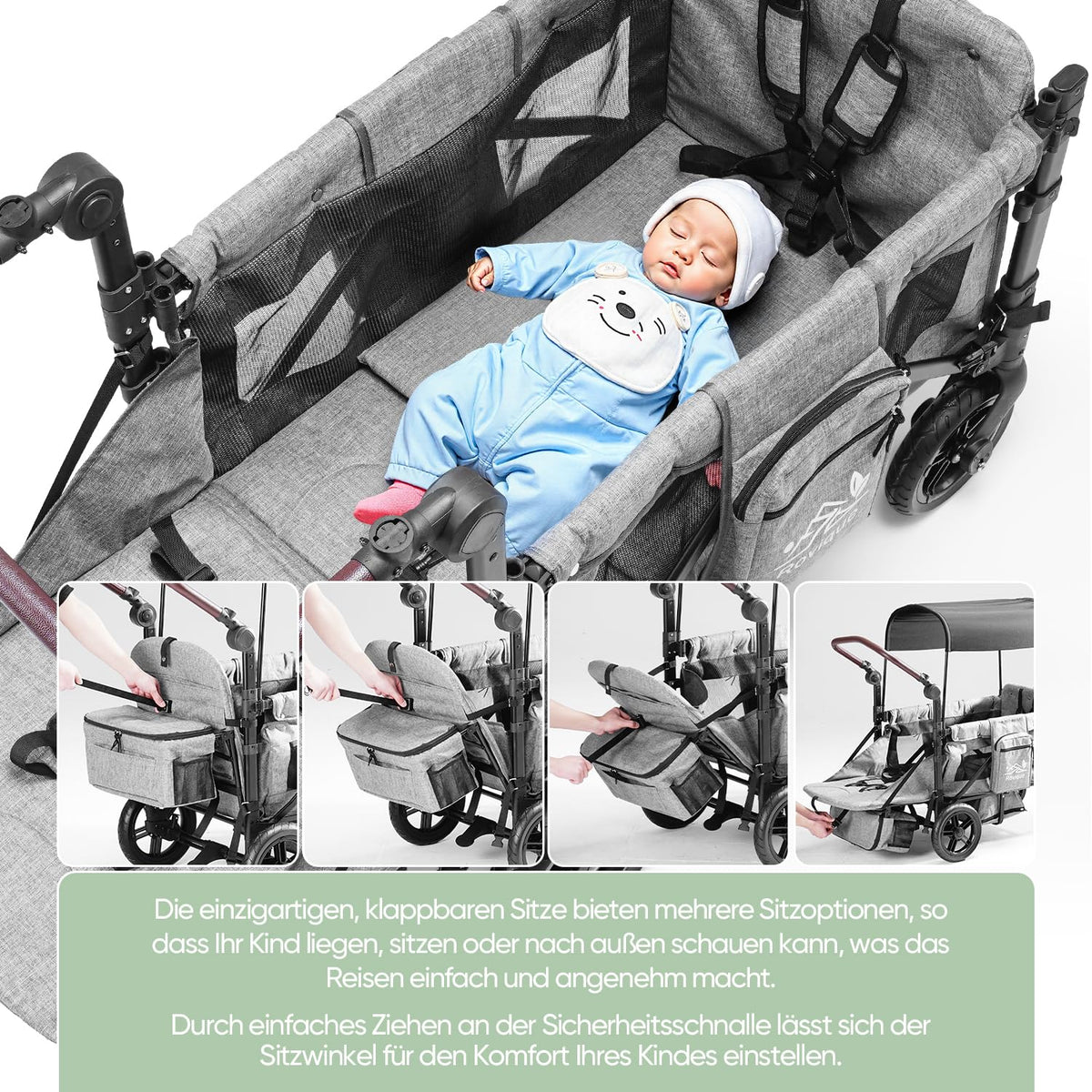 Carrito plegable RO-02 para 2 niños con techo, arnés de 5 puntos, ruedas de poliuretano, bandeja para aperitivos y estructura de aluminio, gris