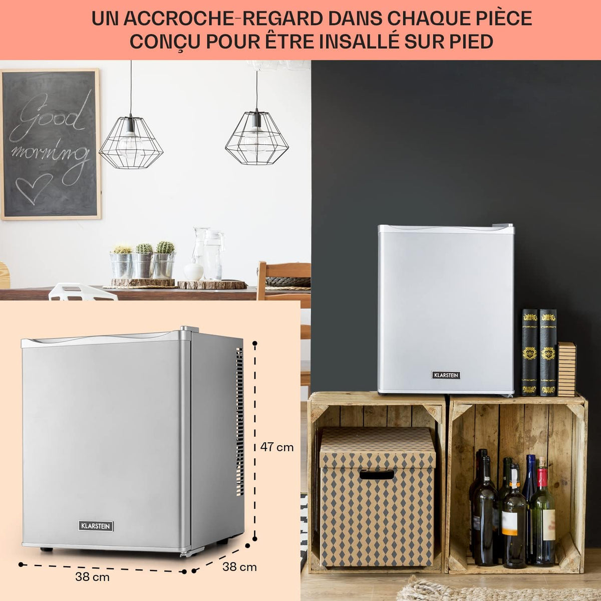 KLARSTEIN Petit refrigerador de habitación de 23L para aperitivos y bebidas, mininevera silenciosa, minibar, nevera de camping, refrigerador para cosméticos, refrigerador con estantes ajustables, 5-15°C