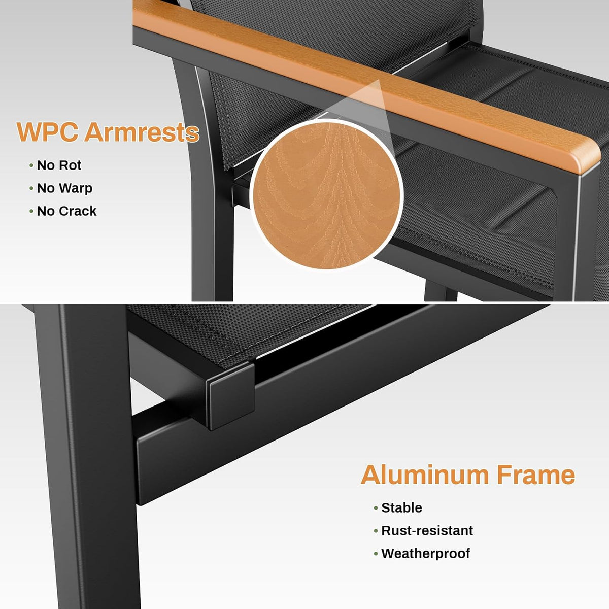 LIFERUN Set de 6 sillas de jardín, aluminio, con respaldo y asiento acolchados, silla de comedor apilable, reposabrazos de WPC, sillas de balcón, para terraza, balcón, patio, piscina, restaurantes, negro, 6 piezas