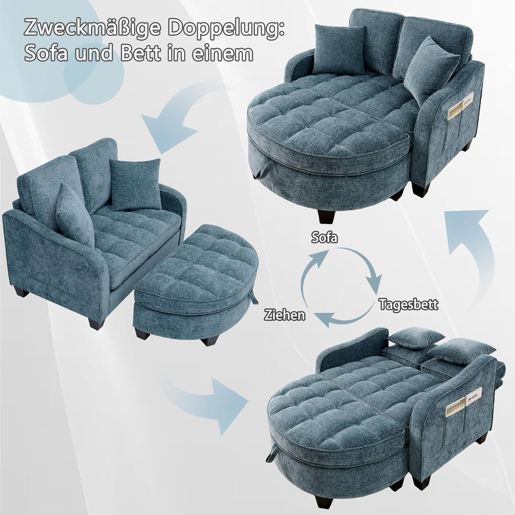 Sofá con reposapiés de almacenamiento, sofá cama con respaldo ajustable y cojines, sofá pequeño, para salas de estar pequeñas, salas de estudio, dormitorios, azul