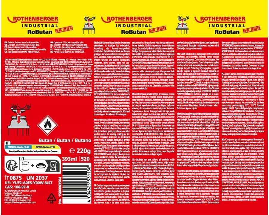 Cartucho de gas industrial Rothenberger Robutan 220 g/393 ml, cierre de bayoneta, MSF-1A, cartucho de gas con válvula, quemador de camping para exteriores, herbicida