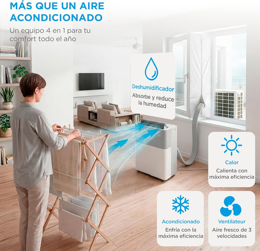 Aire Acondicionado Portátil Midea Portasplit 4 en 1 | 3000 frigorías / 12000 BTU | Split portátil de bajo consumo con modo silencio | Deshumidificador, calefactor, ventilador y climatizador para hasta 45 m2