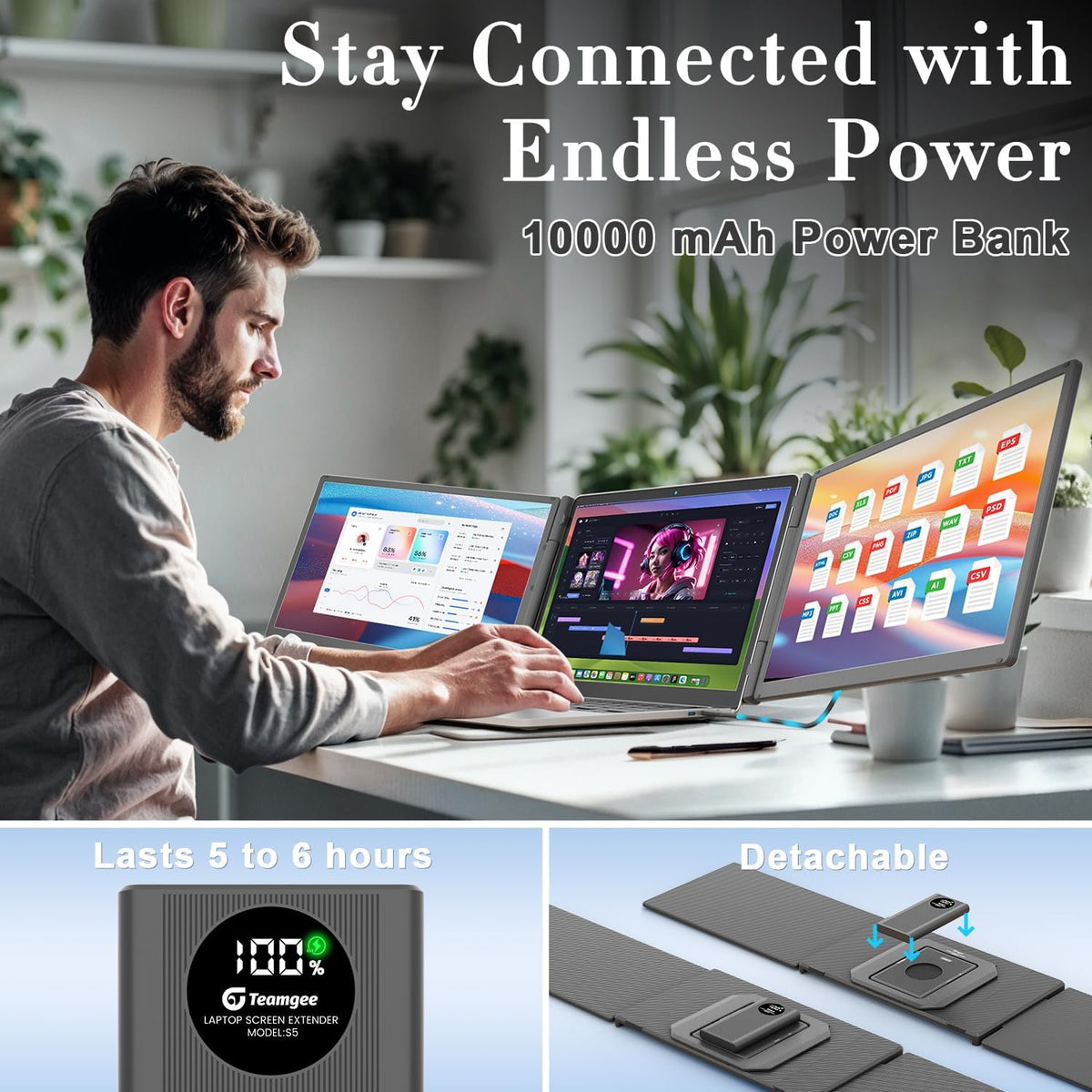 Monitor portátil Teamgee de 15,6" con batería externa, monitor FHD 120% sRGB Plug & Play, compatible con Mac, Windows, Surface, Chrome, ideal para teletrabajo, estudios y PYMES