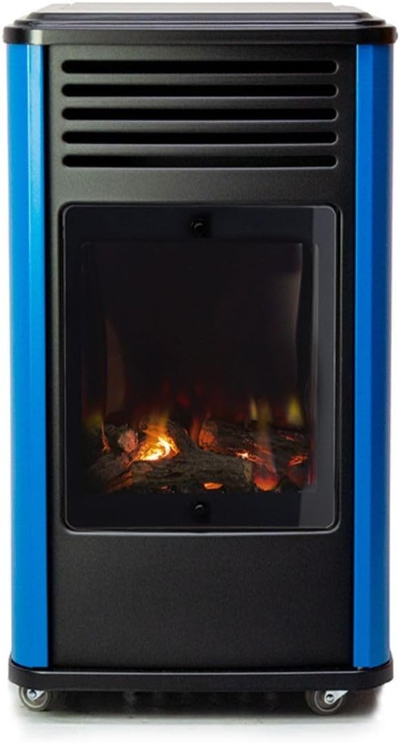 Sahara - Estufa de gas 3,4KW Azul y Negro con efecto estufa de leña Manhattan Calefactor auxiliar + Manguera de gas + Regulador de butano
