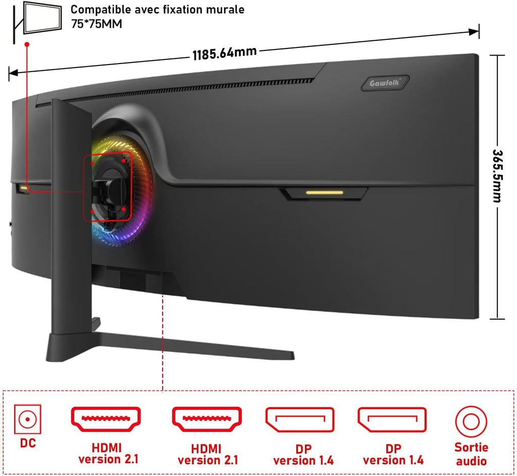 Monitor de juegos Gawfolk de 49 pulgadas, curvo ultra ancho 1500R, DQHD (5120×1440), 165Hz, 1MS, FreeSync, 120% sRGB, monitor ajustable en altura, HDMI2.1, DP1.4, VESA 75 * 75 mm - Negro