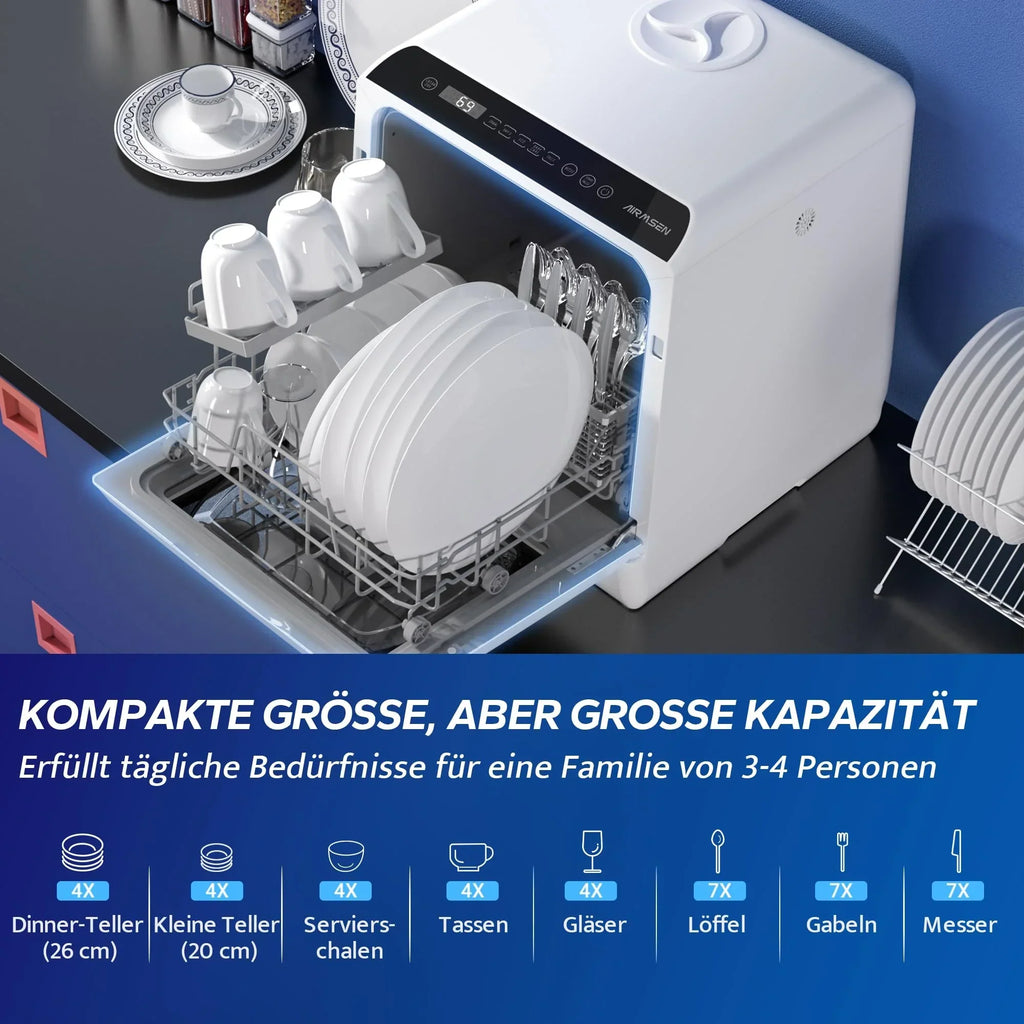 Minilavavajillas de mesa AIRMSEN, 5+1 programas, depósito de agua de 5 l, pantalla LED con control táctil, clase energética D