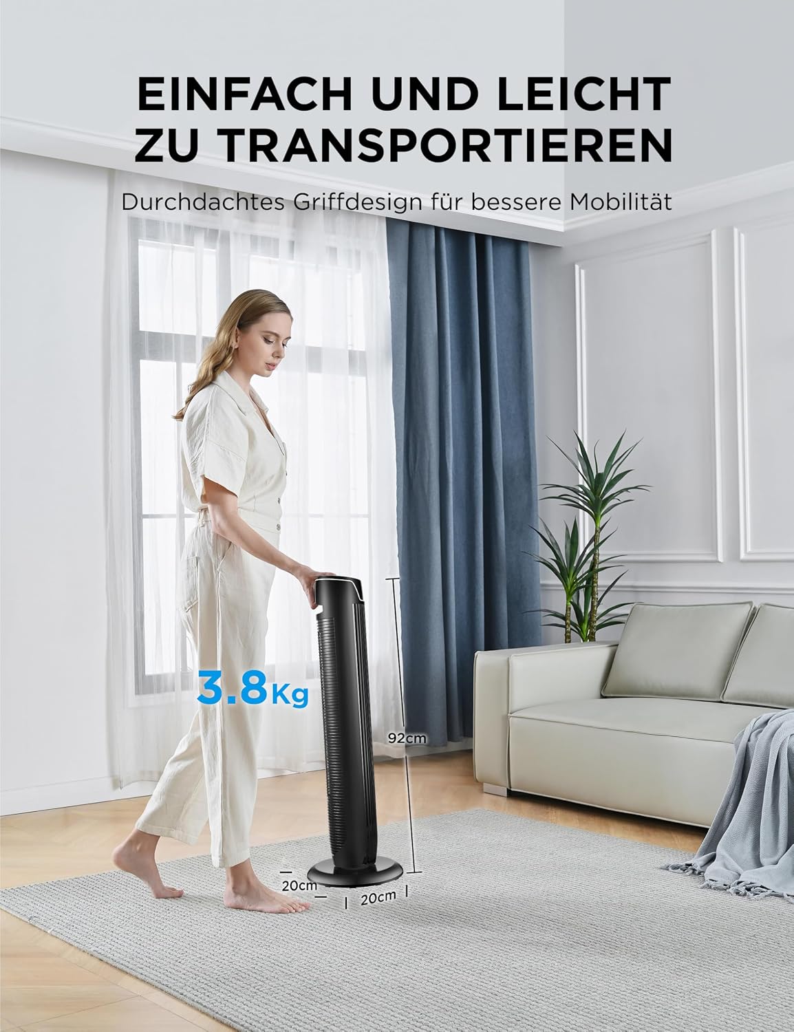 Ventilador de torre Midea FZ10-17JR silencioso con mando a distancia 92 cm, ventilador móvil, ventilador de columna, temporizador de 7 horas, 3 modos, 3 velocidades, ventilador de pie 45 W, negro