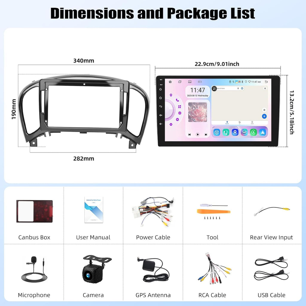 Autorradio OiLiehu 6G+128G 8 núcleos Android 15 para Nissan Juke J15 2010-2019 / YF15 Infiniti ESQ 2011-2017 con CarPlay y Android Auto inalámbricos, pantalla táctil IPS de 9" con GPS, WiFi, BT, FM/RDS, EQ, SWC y cámara