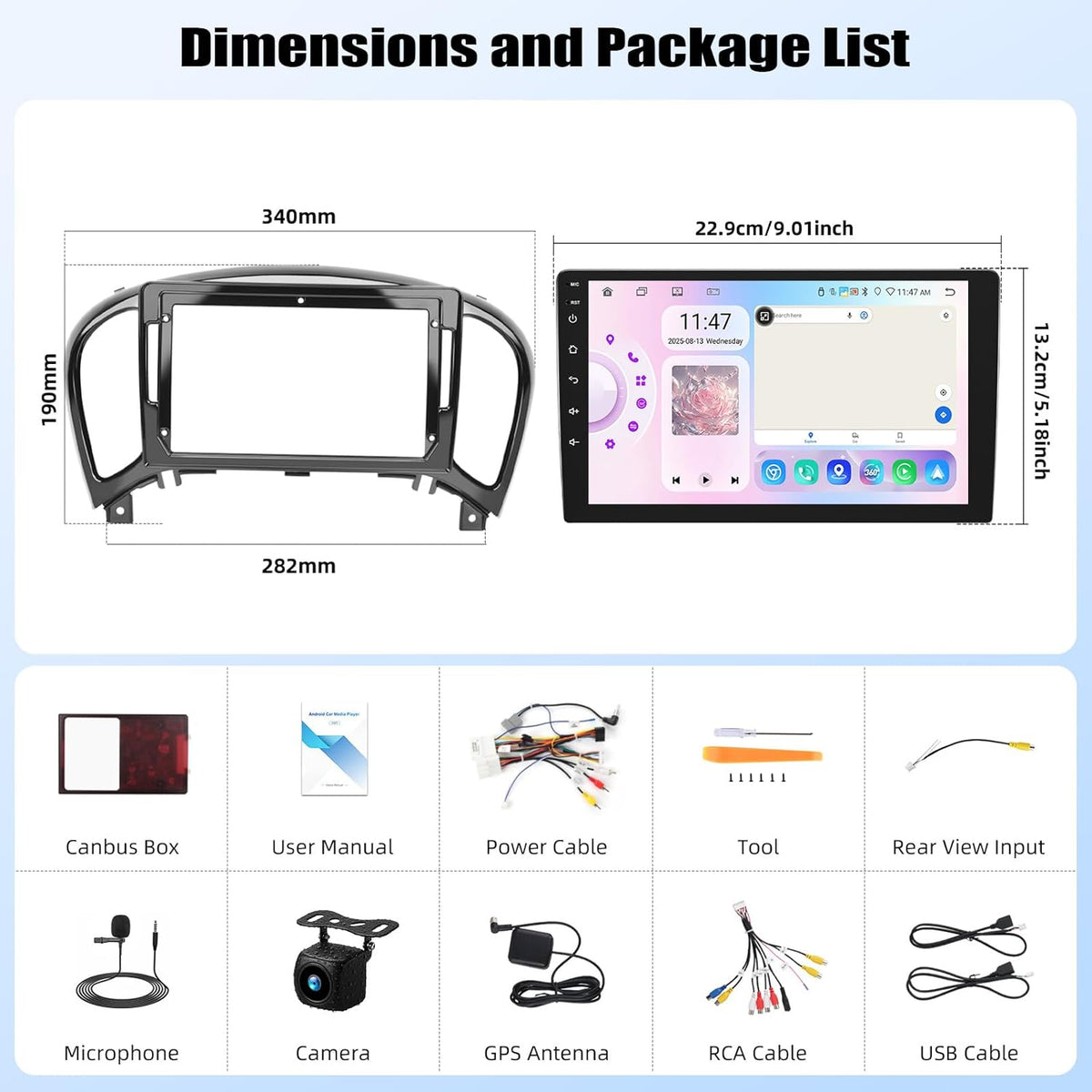 Autorradio OiLiehu 6G+128G 8 núcleos Android 15 para Nissan Juke J15 2010-2019 / YF15 Infiniti ESQ 2011-2017 con CarPlay y Android Auto inalámbricos, pantalla táctil IPS de 9" con GPS, WiFi, BT, FM/RDS, EQ, SWC y cámara