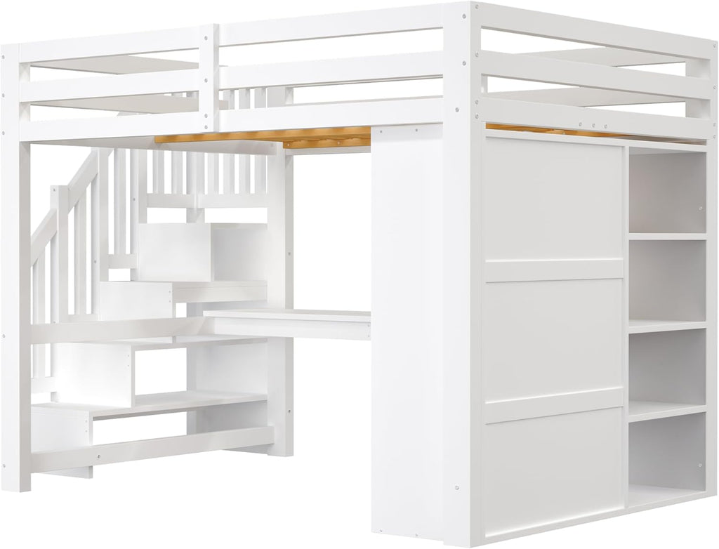 Cama alta de 140x200 con escritorio y estantería, armario, escalera con almacenaje, USB y luces LED, blanco